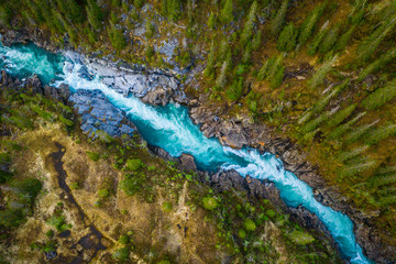 Aerial Vertical View Over The Surface Of A Mountain River Glomaga, Marmorslottet , Mo i Rana