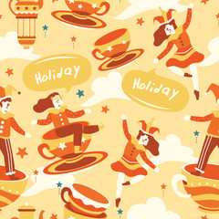Seamless Pattern : Boy and girl in carnival /amusement park concept with magical elements : Vector Illustration