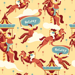 Seamless Pattern : Boy and girl in carnival /amusement park concept with magical elements : Vector Illustration