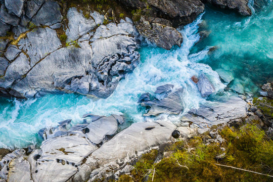 Aerial Vertical View Over The Surface Of A Mountain River Glomaga, Marmorslottet , Mo i Rana