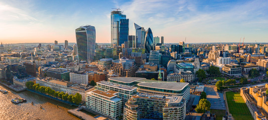 Arial view of London with the River Thames floating through the city near the Tower Bridge, London...