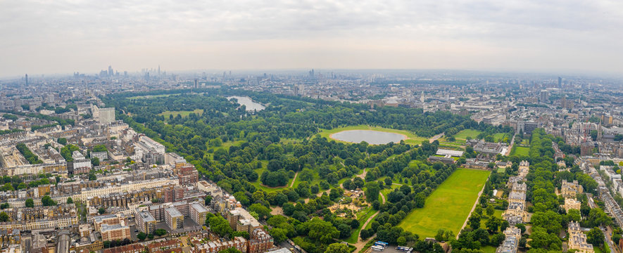 Aerial view of the London Hyde park with the city around it.