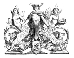 Typographical chapter decoration with mythological figures: Hermes the god of commerce and griffins