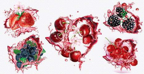Berries in splashes and spray of juice on transparent background