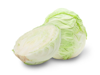 Whole green cabbage and half isolated on white background with clipping path.