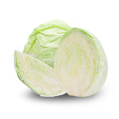 Whole green cabbage and half isolated on white background with clipping path.