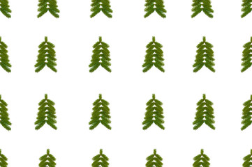 Christmas seamless pattern with tree in snow. Winter flat lay style picture. Natural christmas pattern made of  christmas tree. White isolated background. New year consept