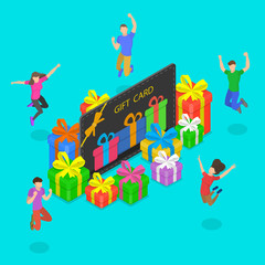 Isometric flat vector concept of gift card, loyalty program, earning points and getting bonus, cash back.