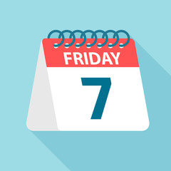 Friday 7 - Calendar Icon. Vector illustration of week day paper leaf. Calendar Template