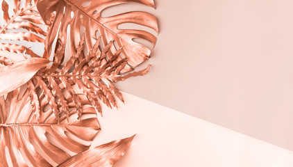 Gold tropical monstera leaves on pink background. Flat lay, top view. Tropical plant backdrop