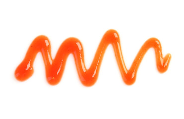 Tasty tomato sauce isolated on white, top view