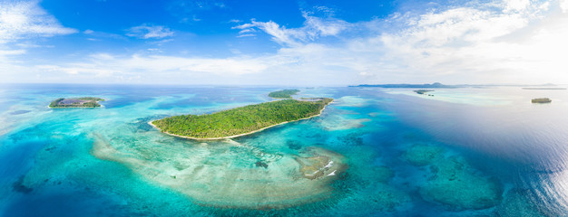 Aerial view Banyak Islands Sumatra tropical archipelago Indonesia, coral reef beach turquoise water. Travel destination, diving snorkeling, uncontaminated environment ecosystem