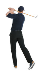 Back view of man with golf club isolated on white