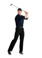 Full length portrait of man with golf club isolated on white