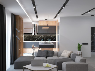 3d rendering of modern kithcen and living room interior