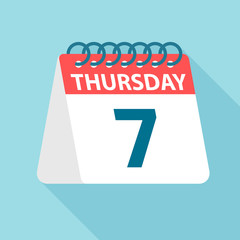 Thursday 7 - Calendar Icon. Vector illustration of week day paper leaf. Calendar Template
