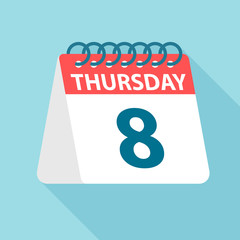 Thursday 8 - Calendar Icon. Vector illustration of week day paper leaf. Calendar Template