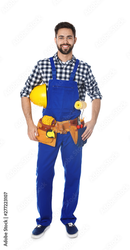 Sticker Full length portrait of construction worker with tool belt on white background