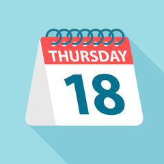 Thursday 18 - Calendar Icon. Vector illustration of week day paper leaf. Calendar Template