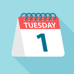 Tuesday 1 - Calendar Icon. Vector illustration of week day paper leaf. Calendar Template