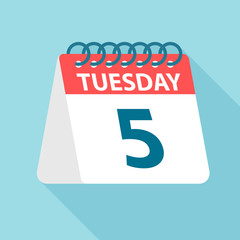 Tuesday 5 - Calendar Icon. Vector illustration of week day paper leaf. Calendar Template