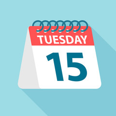 Tuesday 15 - Calendar Icon. Vector illustration of week day paper leaf. Calendar Template