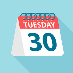 Tuesday 30 - Calendar Icon. Vector illustration of week day paper leaf. Calendar Template