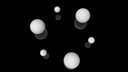 3D illustration of milk drops, round shape, located above the black reflective surface in space in a strictly geometric structure. 3D rendering of objects, futuristic background image