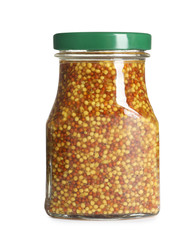 Delicious mustard beans in glass jar on white background. Spicy sauce