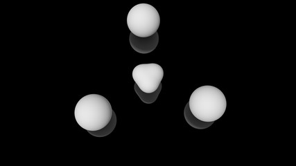 3D illustration of milk drops, round shape, located above the black reflective surface in space in a strictly geometric structure. 3D rendering of objects, futuristic background image