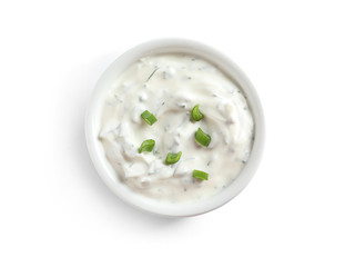 Delicious sauce in bowl on white background, top view