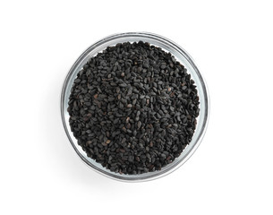 Obraz na płótnie Canvas Black sesame seeds in bowl on white background, top view. Delicious sauce condiment