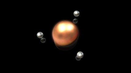 3D illustration of bronze and silver droplets, round shape, located above the black reflective surface in space in a strictly geometric structure. 3D rendering of objects, futuristic image