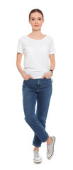 Young woman in t-shirt on white background. Mock up for design © New Africa