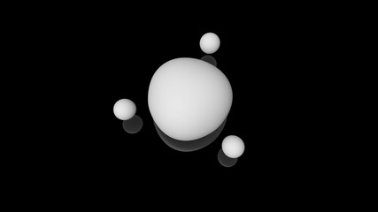 3D illustration of milk drops, round shape, located above the black reflective surface in space in a strictly geometric structure. 3D rendering of objects, futuristic background image