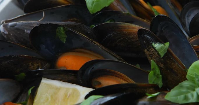 Shellfish mussels in copper bowl with lemon and herbs on white background with textile rotation 360. Shellfish seafood close-up.