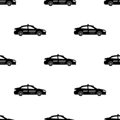Seamless pattern with taxi car on white background. Transportation concept. Black silhouette of taxi. Vector illustration for design, web, wrapping paper, fabric.