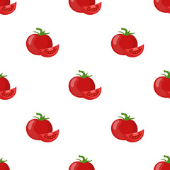 Seamless pattern with fresh red tomato vegetable isolated on white background. Whole and slice tomato icon. Organic food. Cartoon style. Vector illustration for design.