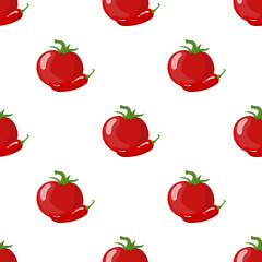 Seamless pattern with fresh red tomato and chilli pepper isolated on white background. Organic food. Cartoon style. Vector illustration for design, web, wrapping paper, fabric.