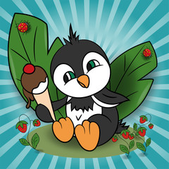 childrens illustration of a little penguin with ice cream in a meadow among the raspberry leaves
