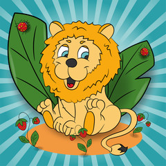 childrens illustration of a small lion in a clearing among the raspberry leaves