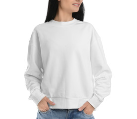 Young woman in sweater isolated on white, closeup. Mock up for design