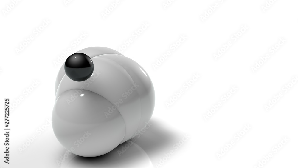 Poster 3d illustration of white balls on white reflective background. balls of different sizes are rolled i
