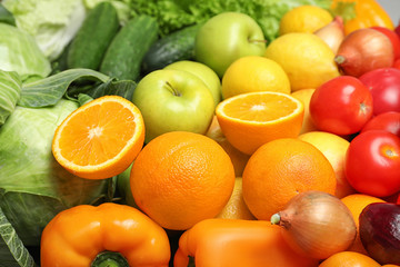 Colorful ripe fruits and vegetables as background, closeup