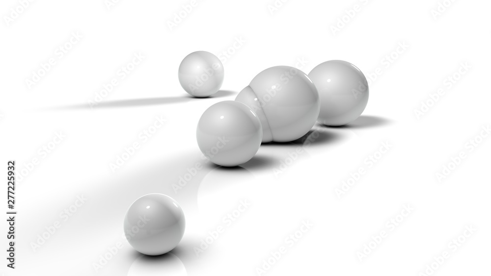 Poster 3d illustration of white balls on white reflective background. balls of different sizes are rolled i