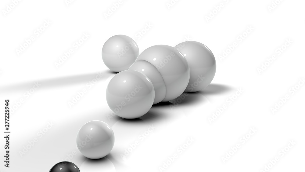 Poster 3d illustration of white balls on white reflective background. balls of different sizes are rolled i