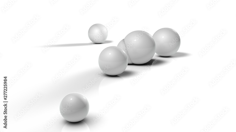 Poster 3d illustration of white balls on white reflective background. balls of different sizes are rolled i