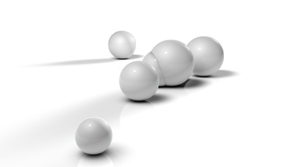 3D illustration of white balls on white reflective background. Balls of different sizes are rolled in different directions. Futuristic image for background and desktop 3D rendering with depth of field