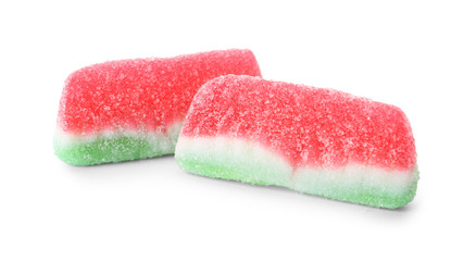 Bright delicious jelly candies on white background