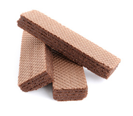 Delicious crispy wafers on white background. Sweet food